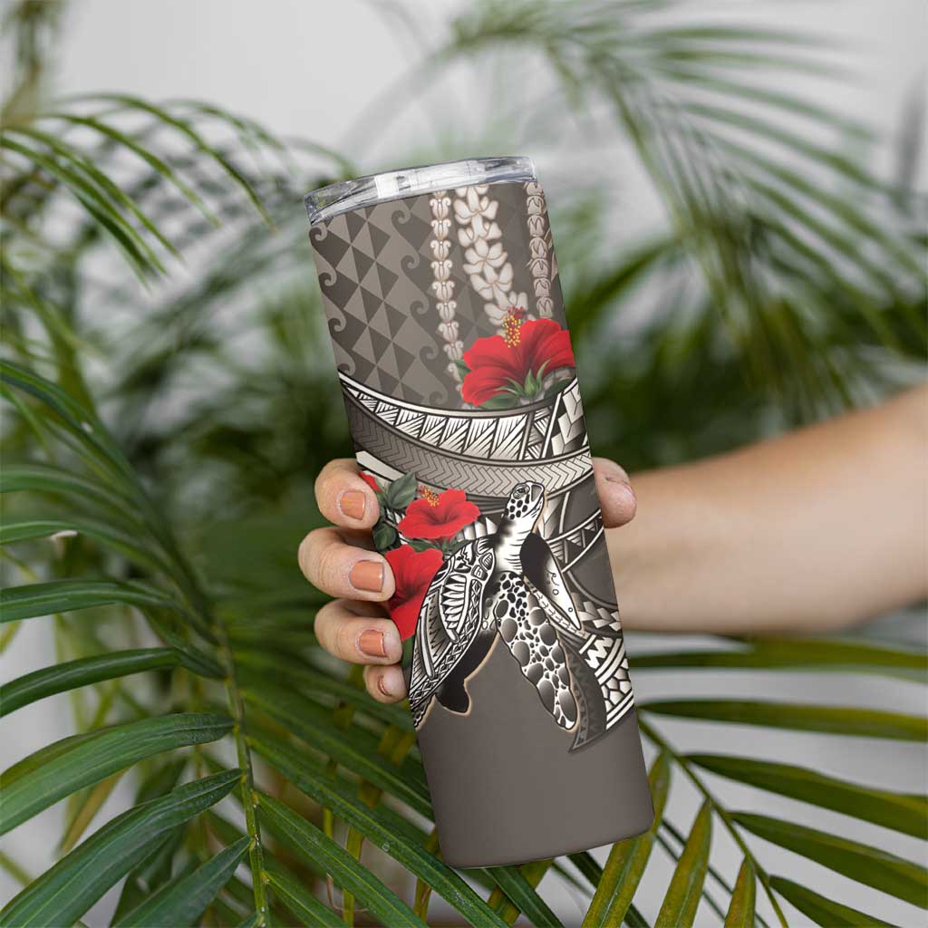 Hawaiian Honu Personalized Skinny Tumbler Mocha Mousse Hibiscus Tribal Hook Pattern