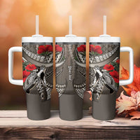 Hawaiian Honu Personalized Tumbler With Handle Mocha Mousse Hibiscus Tribal Hook Pattern
