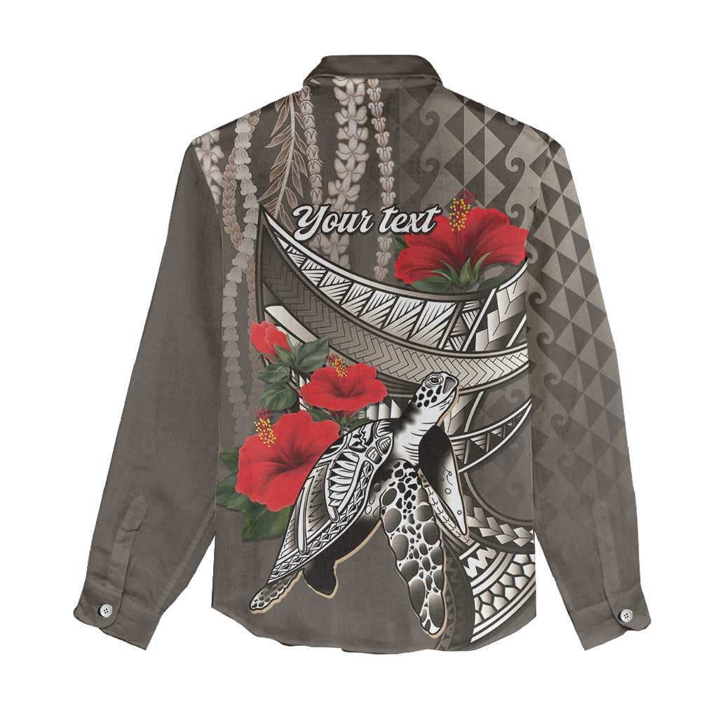 Hawaiian Honu Personalized Women Casual Shirt Mocha Mousse Hibiscus Tribal Hook Pattern