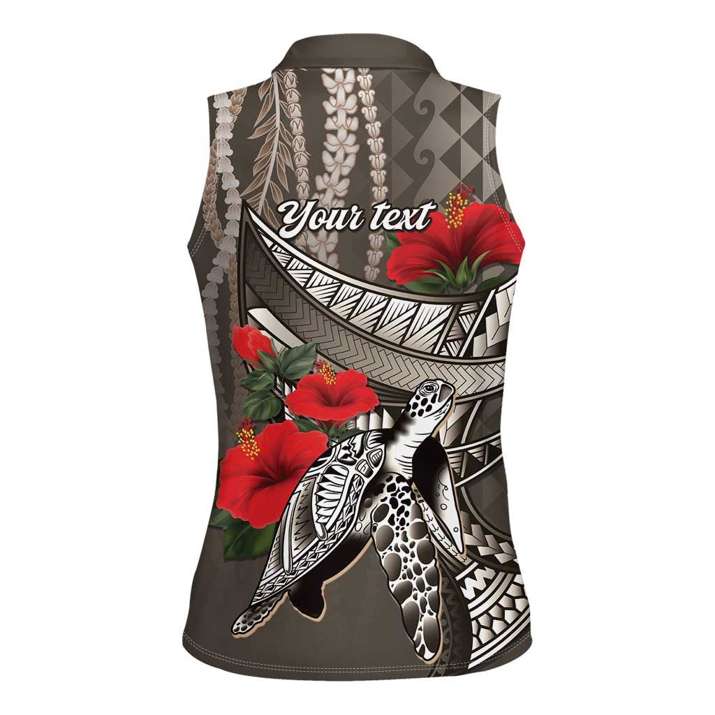 Hawaiian Honu Personalized Women Sleeveless Polo Shirt Mocha Mousse Hibiscus Tribal Hook Pattern