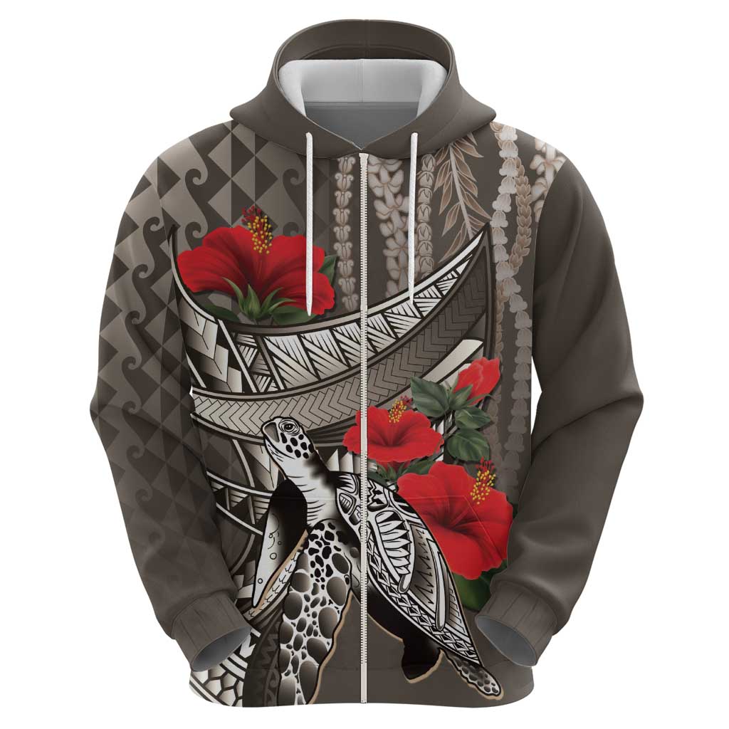 Hawaiian Honu Personalized Zip Hoodie Mocha Mousse Hibiscus Tribal Hook Pattern