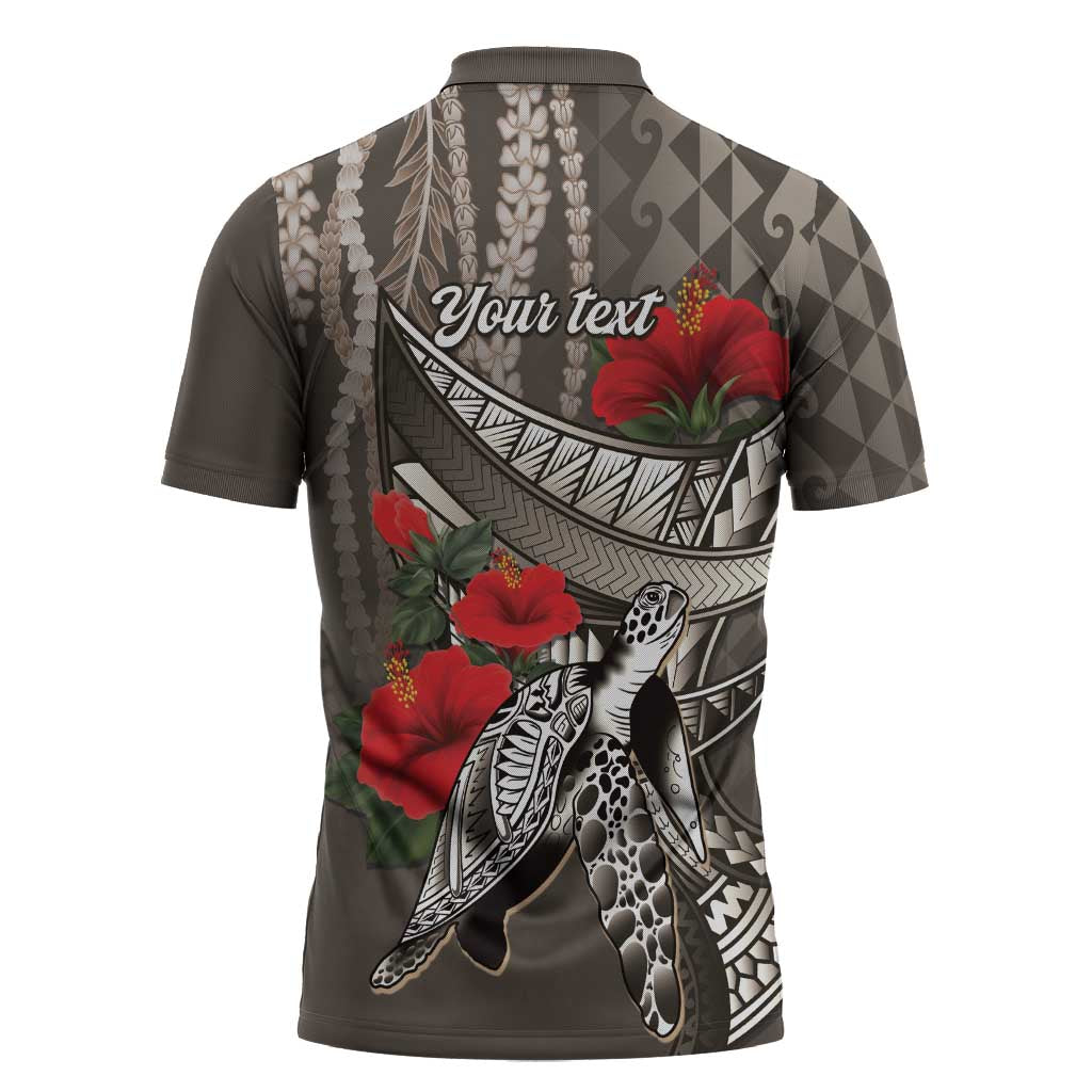 Hawaiian Honu Personalized Zipper Polo Shirt Mocha Mousse Hibiscus Tribal Hook Pattern