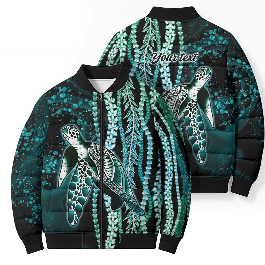 Hawaiian Honu Personalized Bomber Puffer Jacket Dark Cyan Maile Pikake Flower Lei Inspired