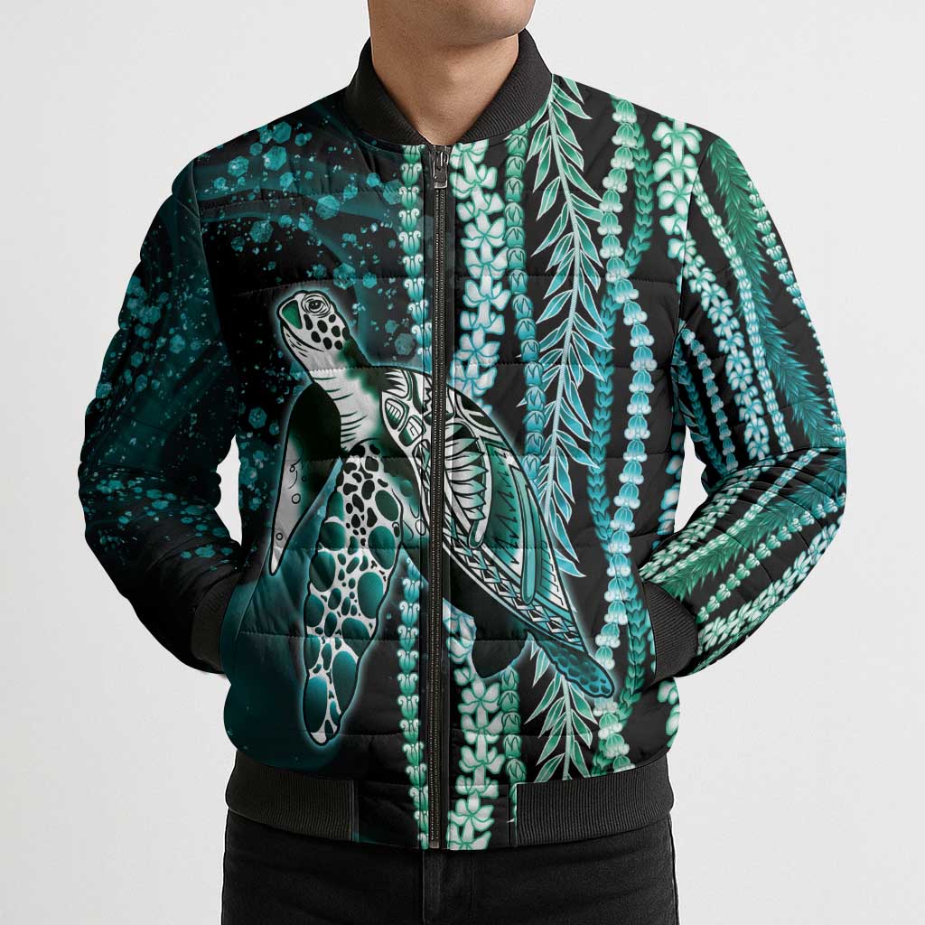 Hawaiian Honu Personalized Bomber Puffer Jacket Dark Cyan Maile Pikake Flower Lei Inspired
