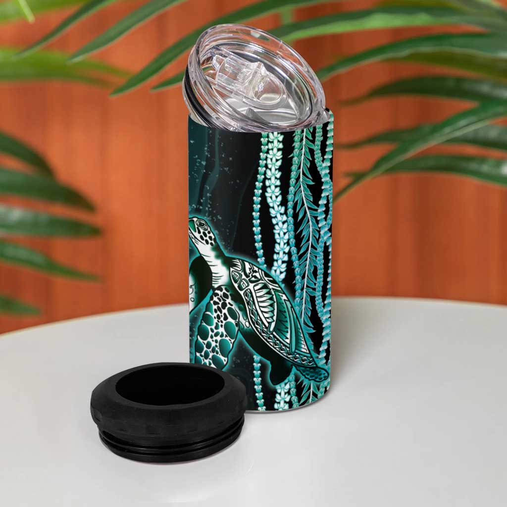 Hawaiian Honu Personalized 4 in 1 Can Cooler Tumbler Dark Cyan Maile Pikake Flower Lei Inspired