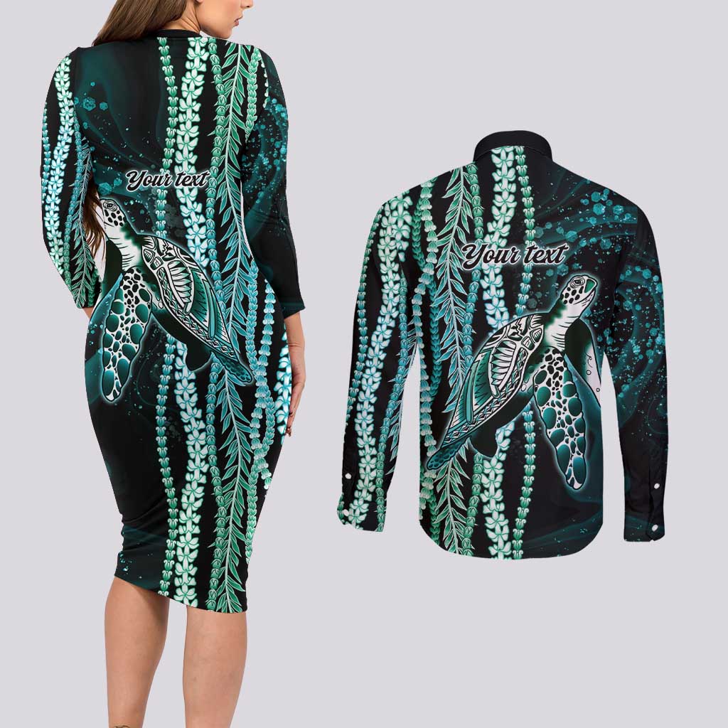 Hawaiian Honu Personalized Couples Matching Long Sleeve Bodycon Dress and Long Sleeve Button Shirt Dark Cyan Maile Pikake Flower Lei Inspired LT9 - Polynesian Pride