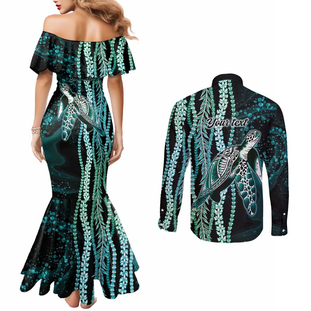 Hawaiian Honu Personalized Couples Matching Mermaid Dress and Long Sleeve Button Shirt Dark Cyan Maile Pikake Flower Lei Inspired LT9 - Polynesian Pride