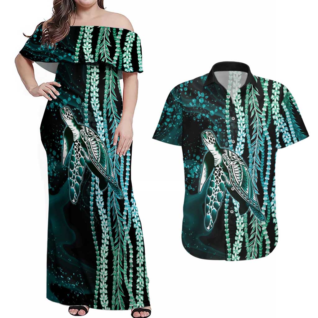 Hawaiian Honu Personalized Couples Matching Off Shoulder Maxi Dress and Hawaiian Shirt Dark Cyan Maile Pikake Flower Lei Inspired LT9 Cyan - Polynesian Pride
