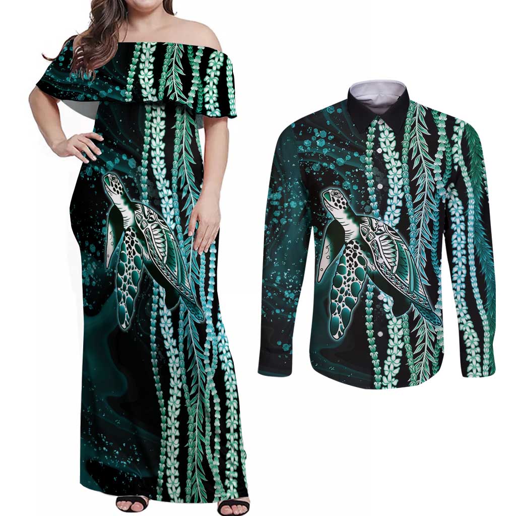 Hawaiian Honu Personalized Couples Matching Off Shoulder Maxi Dress and Long Sleeve Button Shirt Dark Cyan Maile Pikake Flower Lei Inspired LT9 Cyan - Polynesian Pride