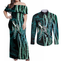 Hawaiian Honu Personalized Couples Matching Off Shoulder Maxi Dress and Long Sleeve Button Shirt Dark Cyan Maile Pikake Flower Lei Inspired LT9 Cyan - Polynesian Pride