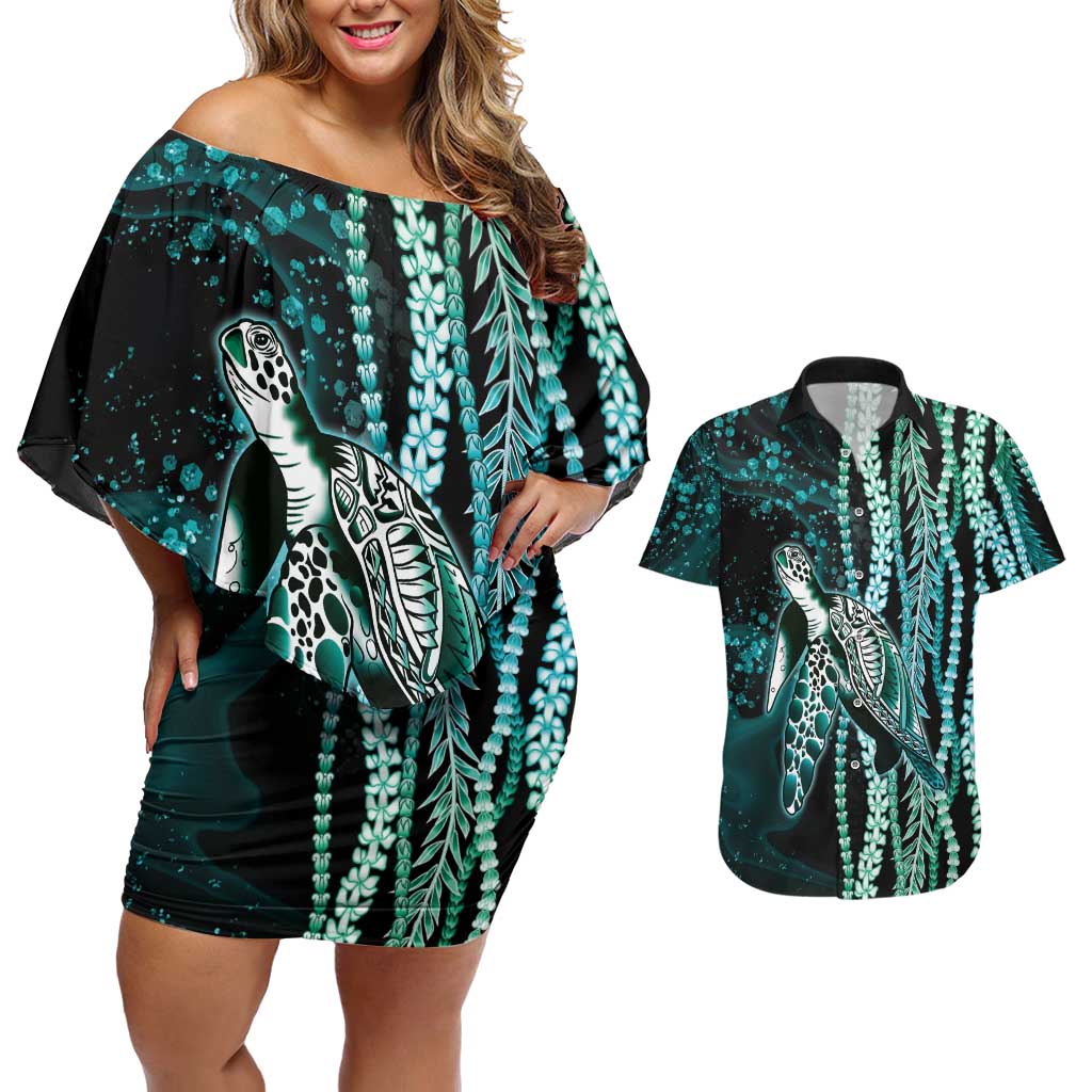 Hawaiian Honu Personalized Couples Matching Off Shoulder Short Dress and Hawaiian Shirt Dark Cyan Maile Pikake Flower Lei Inspired LT9 Cyan - Polynesian Pride