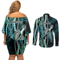 Hawaiian Honu Personalized Couples Matching Off Shoulder Short Dress and Long Sleeve Button Shirt Dark Cyan Maile Pikake Flower Lei Inspired LT9 - Polynesian Pride