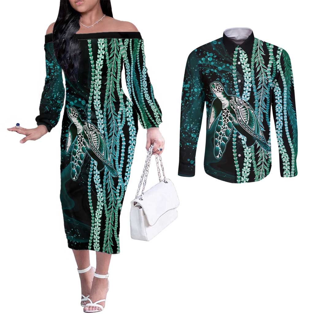 Hawaiian Honu Personalized Couples Matching Off The Shoulder Long Sleeve Dress and Long Sleeve Button Shirt Dark Cyan Maile Pikake Flower Lei Inspired