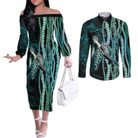 Hawaiian Honu Personalized Couples Matching Off The Shoulder Long Sleeve Dress and Long Sleeve Button Shirt Dark Cyan Maile Pikake Flower Lei Inspired LT9 Cyan - Polynesian Pride