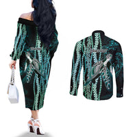 Hawaiian Honu Personalized Couples Matching Off The Shoulder Long Sleeve Dress and Long Sleeve Button Shirt Dark Cyan Maile Pikake Flower Lei Inspired LT9 - Polynesian Pride