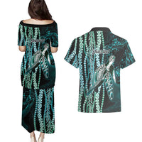 Hawaiian Honu Personalized Couples Matching Puletasi and Hawaiian Shirt Dark Cyan Maile Pikake Flower Lei Inspired LT9 - Polynesian Pride
