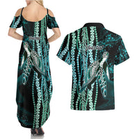 Hawaiian Honu Personalized Couples Matching Summer Maxi Dress and Hawaiian Shirt Dark Cyan Maile Pikake Flower Lei Inspired LT9 - Polynesian Pride