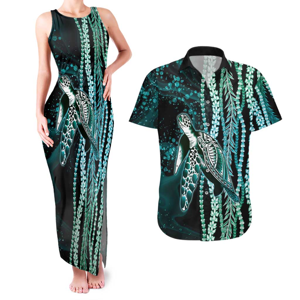 Hawaiian Honu Personalized Couples Matching Tank Maxi Dress and Hawaiian Shirt Dark Cyan Maile Pikake Flower Lei Inspired LT9 Cyan - Polynesian Pride