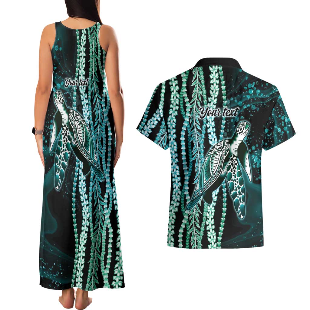 Hawaiian Honu Personalized Couples Matching Tank Maxi Dress and Hawaiian Shirt Dark Cyan Maile Pikake Flower Lei Inspired LT9 - Polynesian Pride