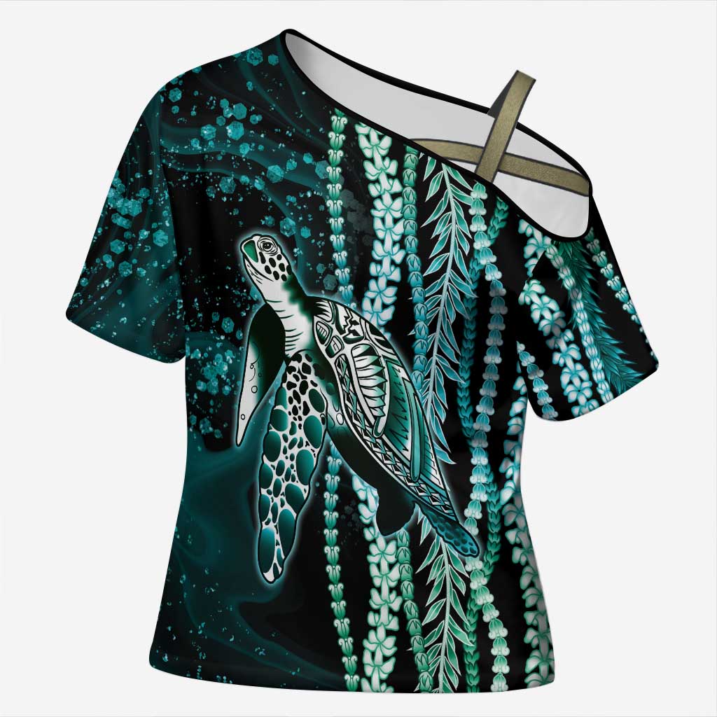 Hawaiian Honu Personalized Cross Shoulder Shirt Dark Cyan Maile Pikake Flower Lei Inspired LT9 Female Cyan - Polynesian Pride