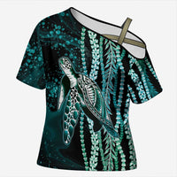 Hawaiian Honu Personalized Cross Shoulder Shirt Dark Cyan Maile Pikake Flower Lei Inspired LT9 Female Cyan - Polynesian Pride