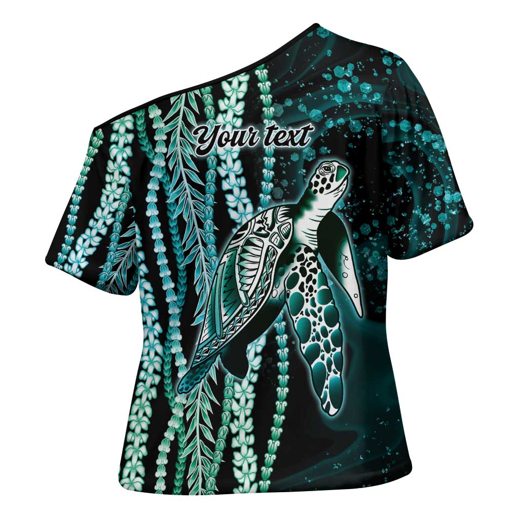 Hawaiian Honu Personalized Cross Shoulder Shirt Dark Cyan Maile Pikake Flower Lei Inspired LT9 - Polynesian Pride