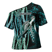 Hawaiian Honu Personalized Cross Shoulder Shirt Dark Cyan Maile Pikake Flower Lei Inspired LT9 - Polynesian Pride