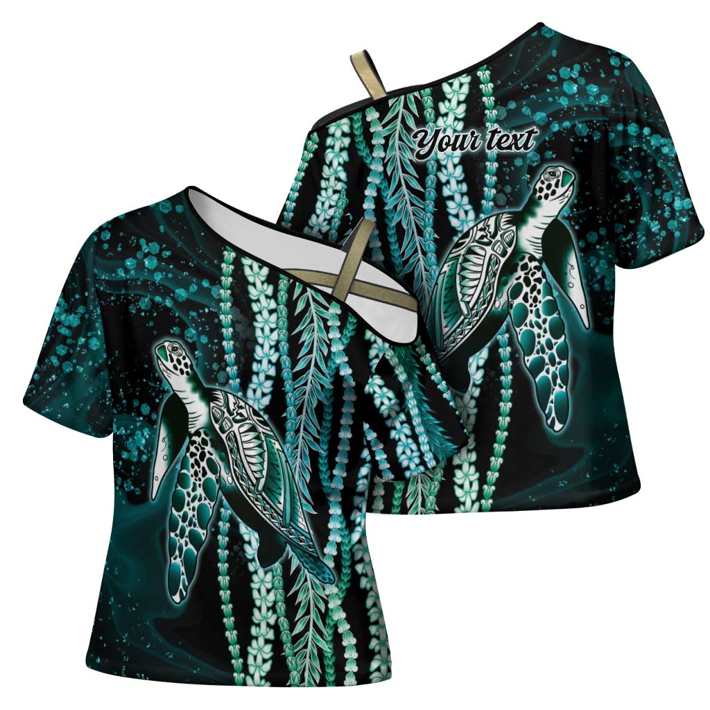 Hawaiian Honu Personalized Cross Shoulder Shirt Dark Cyan Maile Pikake Flower Lei Inspired LT9 - Polynesian Pride