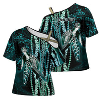 Hawaiian Honu Personalized Cross Shoulder Shirt Dark Cyan Maile Pikake Flower Lei Inspired LT9 - Polynesian Pride