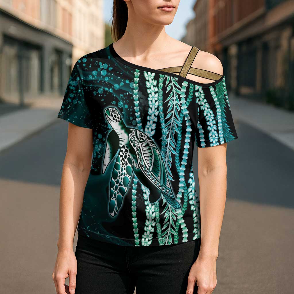 Hawaiian Honu Personalized Cross Shoulder Shirt Dark Cyan Maile Pikake Flower Lei Inspired LT9 - Polynesian Pride
