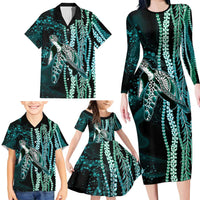 Hawaiian Honu Personalized Family Matching Long Sleeve Bodycon Dress and Hawaiian Shirt Dark Cyan Maile Pikake Flower Lei Inspired LT9 - Polynesian Pride