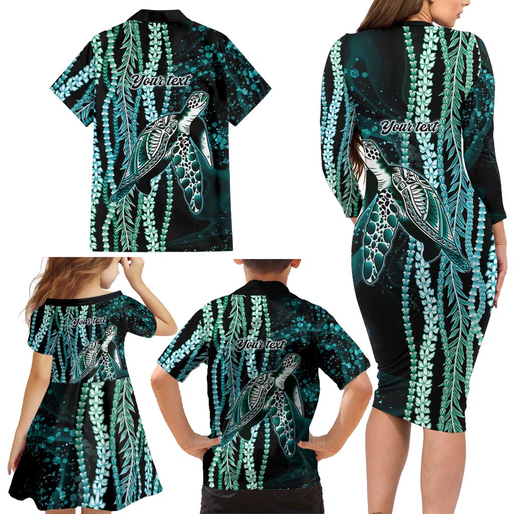 Hawaiian Honu Personalized Family Matching Long Sleeve Bodycon Dress and Hawaiian Shirt Dark Cyan Maile Pikake Flower Lei Inspired LT9 - Polynesian Pride