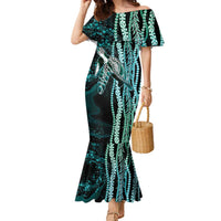 Hawaiian Honu Personalized Family Matching Mermaid Dress and Hawaiian Shirt Dark Cyan Maile Pikake Flower Lei Inspired LT9 Mom's Dress Cyan - Polynesian Pride