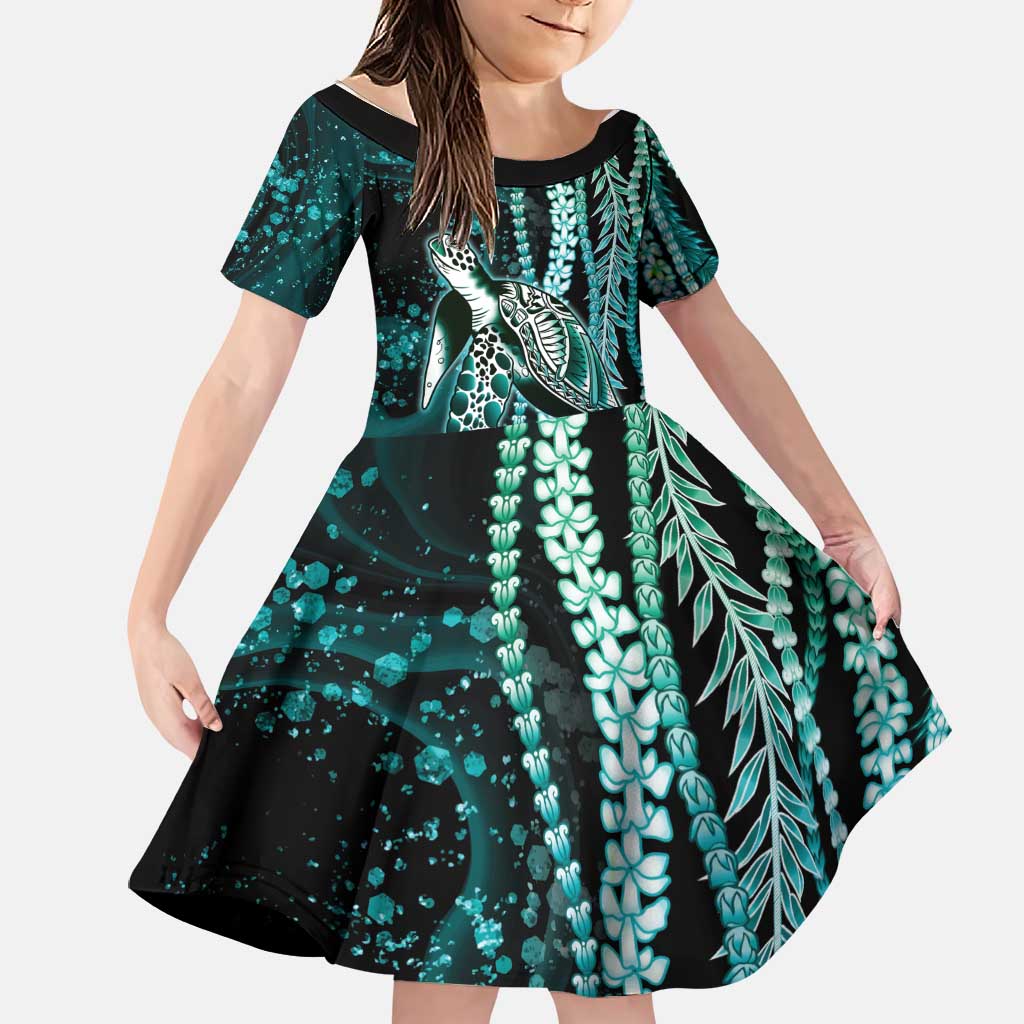 Hawaiian Honu Personalized Family Matching Off The Shoulder Long Sleeve Dress and Hawaiian Shirt Dark Cyan Maile Pikake Flower Lei Inspired LT9 Daughter's Dress Cyan - Polynesian Pride
