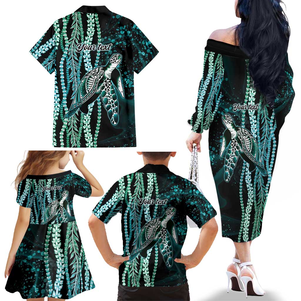 Hawaiian Honu Personalized Family Matching Off The Shoulder Long Sleeve Dress and Hawaiian Shirt Dark Cyan Maile Pikake Flower Lei Inspired LT9 - Polynesian Pride