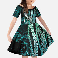 Hawaiian Honu Personalized Family Matching Off Shoulder Maxi Dress and Hawaiian Shirt Dark Cyan Maile Pikake Flower Lei Inspired LT9 Daughter's Dress Cyan - Polynesian Pride