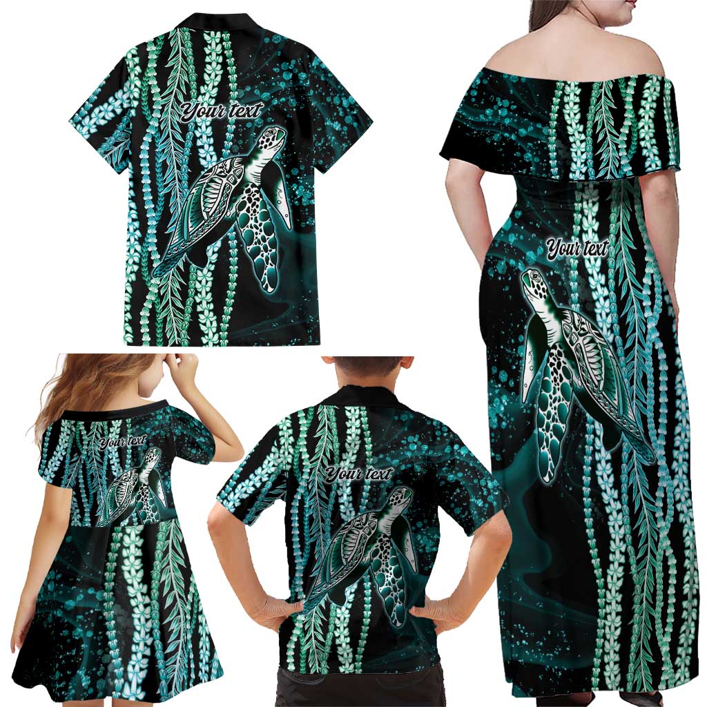 Hawaiian Honu Personalized Family Matching Off Shoulder Maxi Dress and Hawaiian Shirt Dark Cyan Maile Pikake Flower Lei Inspired LT9 - Polynesian Pride