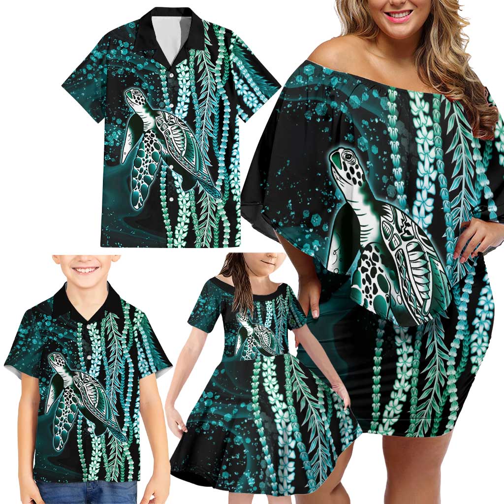 Hawaiian Honu Personalized Family Matching Off Shoulder Short Dress and Hawaiian Shirt Dark Cyan Maile Pikake Flower Lei Inspired LT9 - Polynesian Pride