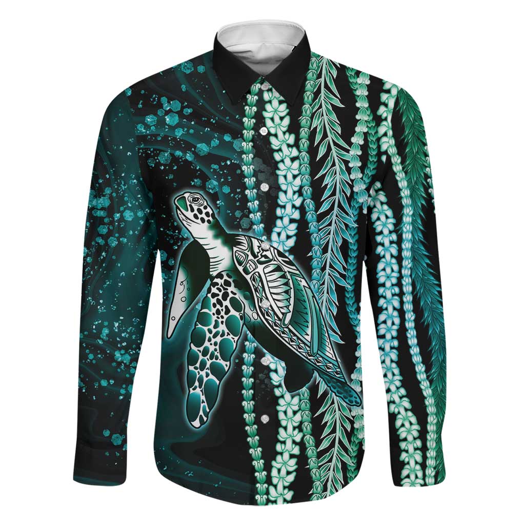 Hawaiian Honu Personalized Family Matching Off Shoulder Short Dress and Hawaiian Shirt Dark Cyan Maile Pikake Flower Lei Inspired LT9 Dad's Shirt - Long Sleeve Cyan - Polynesian Pride