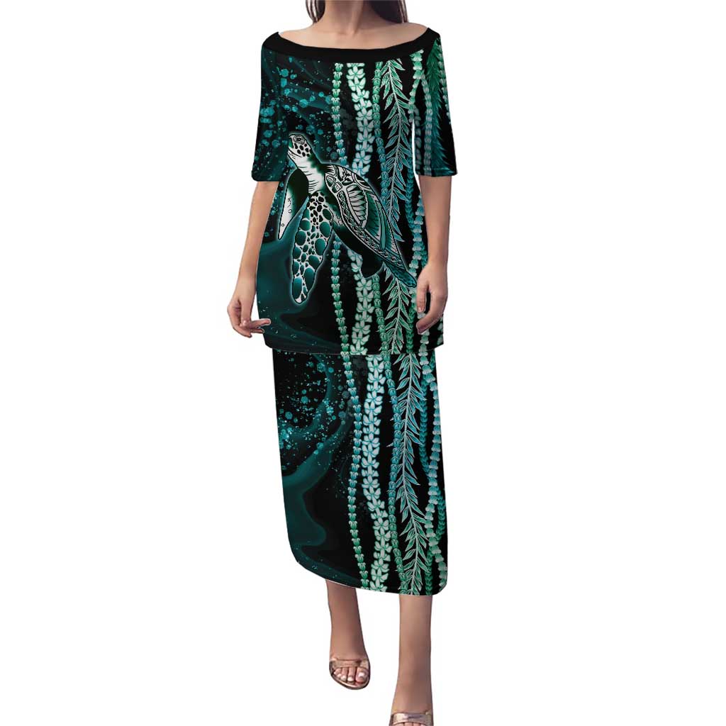 Hawaiian Honu Personalized Family Matching Puletasi and Hawaiian Shirt Dark Cyan Maile Pikake Flower Lei Inspired LT9 Mom's Dress Cyan - Polynesian Pride