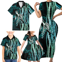 Hawaiian Honu Personalized Family Matching Short Sleeve Bodycon Dress and Hawaiian Shirt Dark Cyan Maile Pikake Flower Lei Inspired LT9 - Polynesian Pride