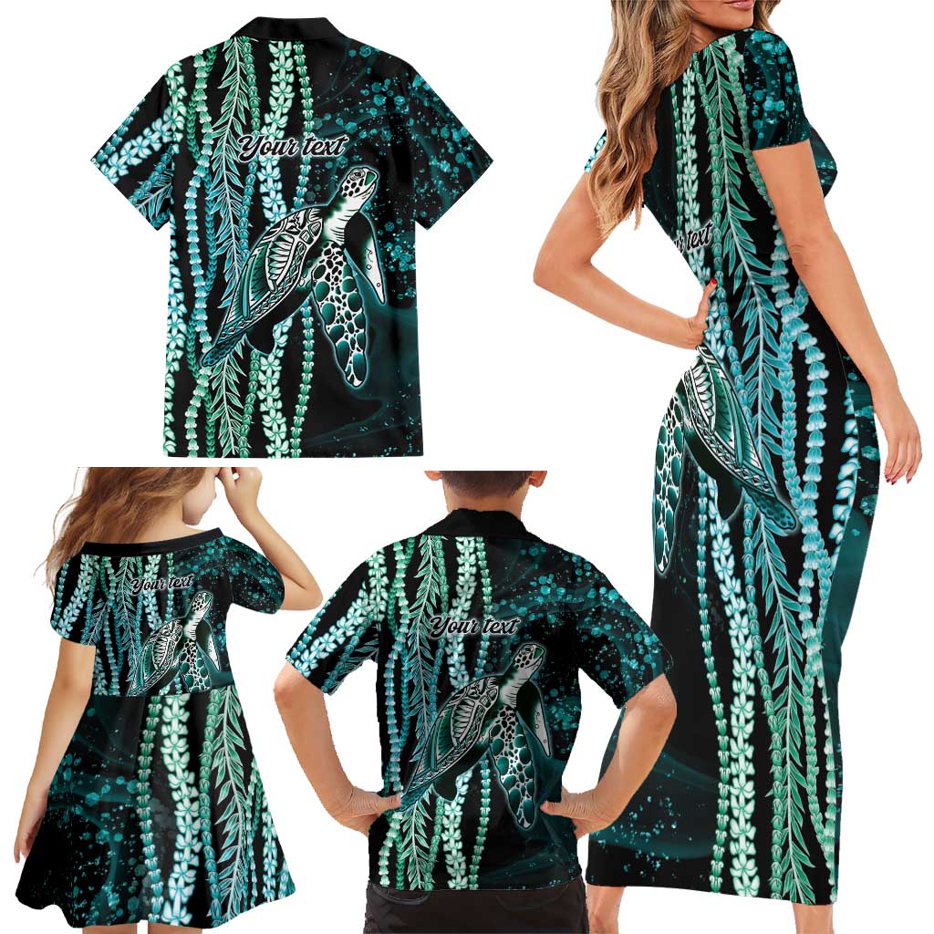 Hawaiian Honu Personalized Family Matching Short Sleeve Bodycon Dress and Hawaiian Shirt Dark Cyan Maile Pikake Flower Lei Inspired LT9 - Polynesian Pride