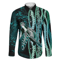 Hawaiian Honu Personalized Family Matching Short Sleeve Bodycon Dress and Hawaiian Shirt Dark Cyan Maile Pikake Flower Lei Inspired LT9 Dad's Shirt - Long Sleeve Cyan - Polynesian Pride