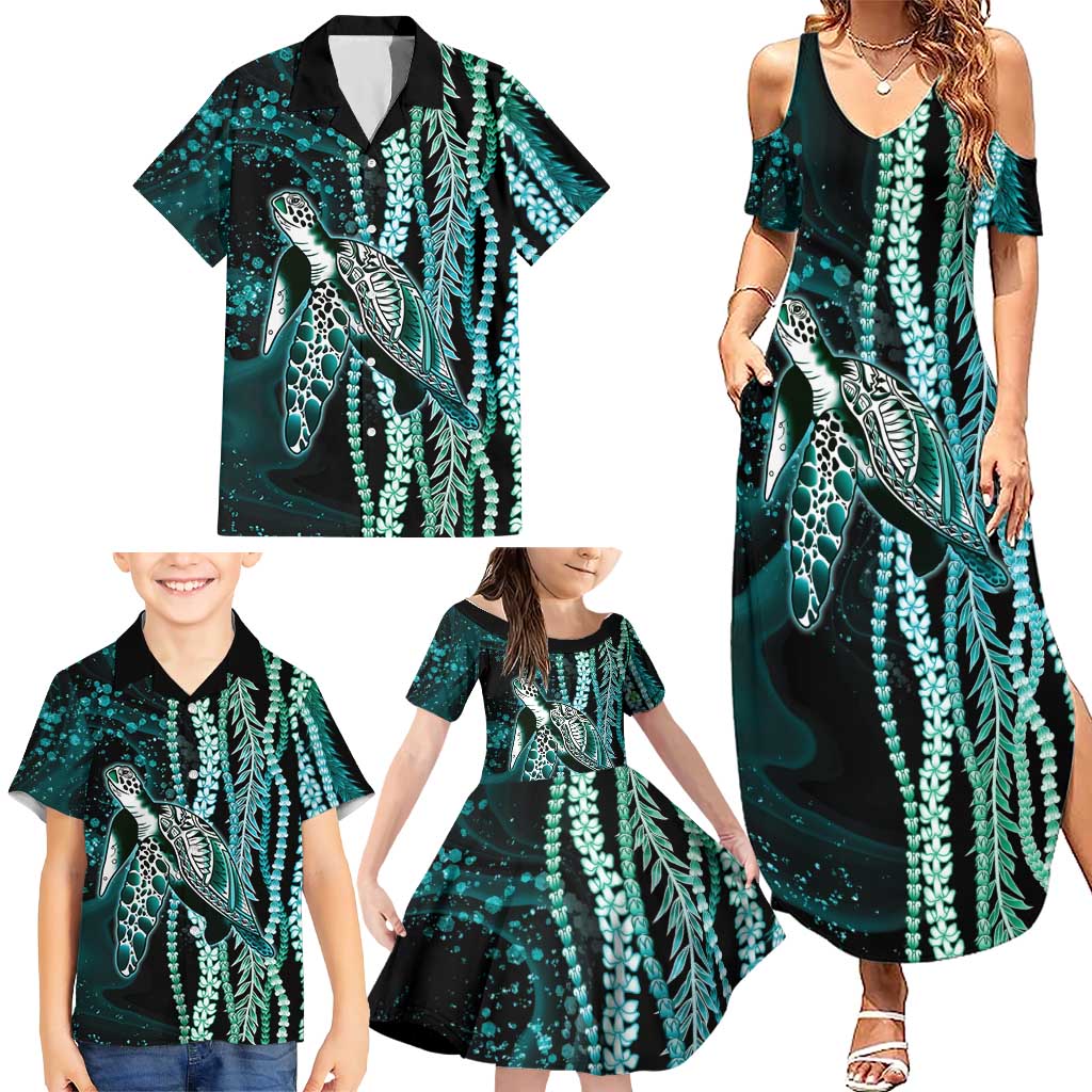 Hawaiian Honu Personalized Family Matching Summer Maxi Dress and Hawaiian Shirt Dark Cyan Maile Pikake Flower Lei Inspired LT9 - Polynesian Pride