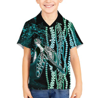 Hawaiian Honu Personalized Family Matching Summer Maxi Dress and Hawaiian Shirt Dark Cyan Maile Pikake Flower Lei Inspired LT9 Son's Shirt Cyan - Polynesian Pride