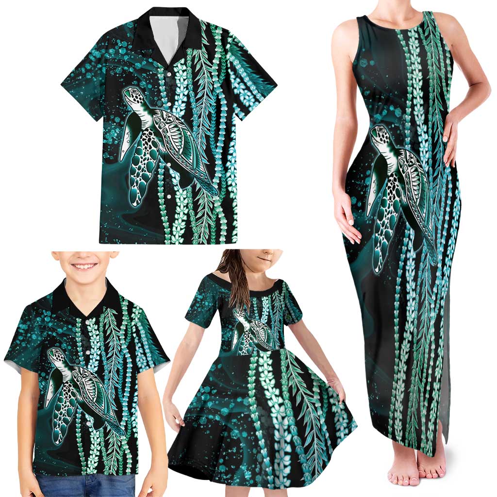 Hawaiian Honu Personalized Family Matching Tank Maxi Dress and Hawaiian Shirt Dark Cyan Maile Pikake Flower Lei Inspired