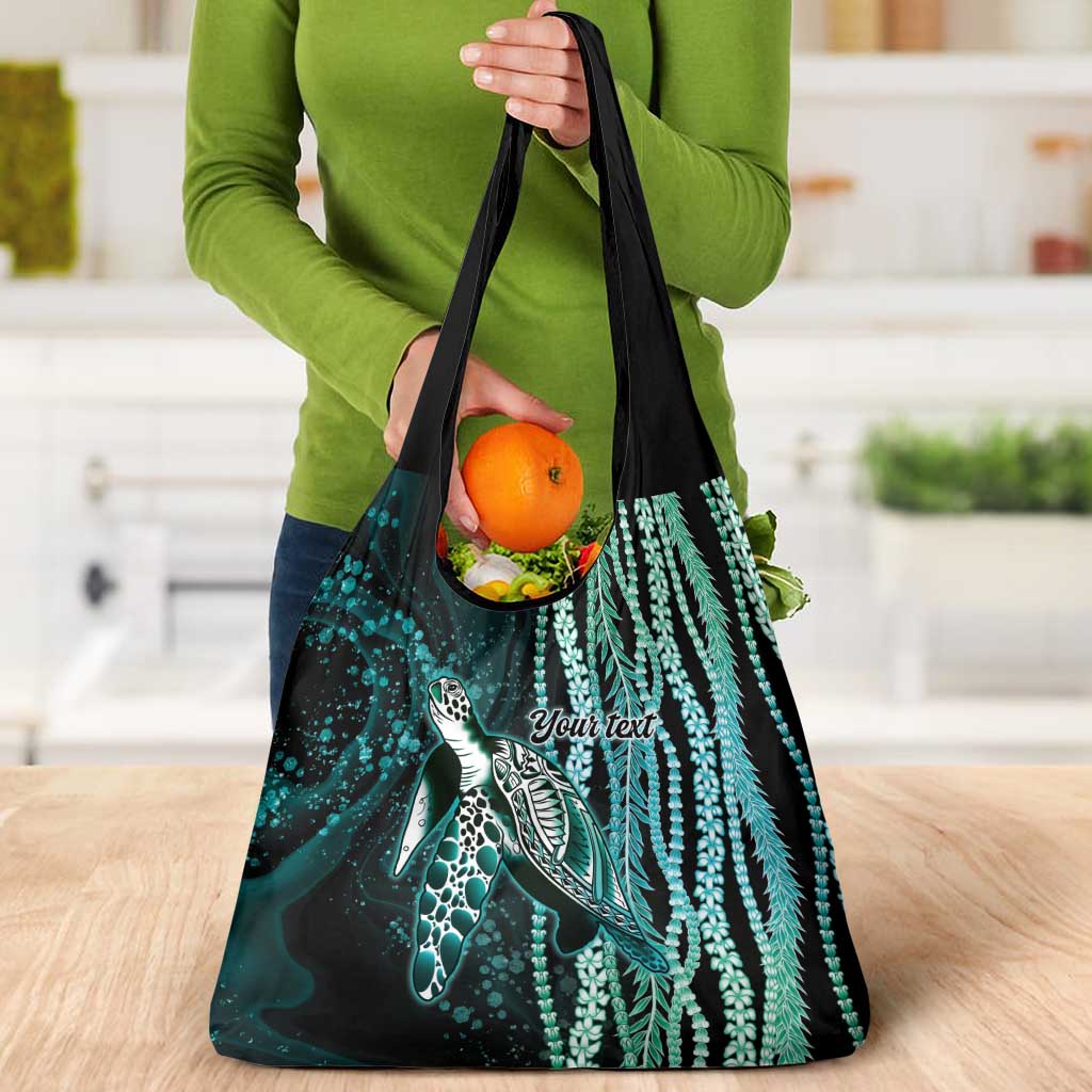 Hawaiian Honu Personalized Grocery Bag Dark Cyan Maile Pikake Flower Lei Inspired