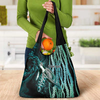 Hawaiian Honu Personalized Grocery Bag Dark Cyan Maile Pikake Flower Lei Inspired