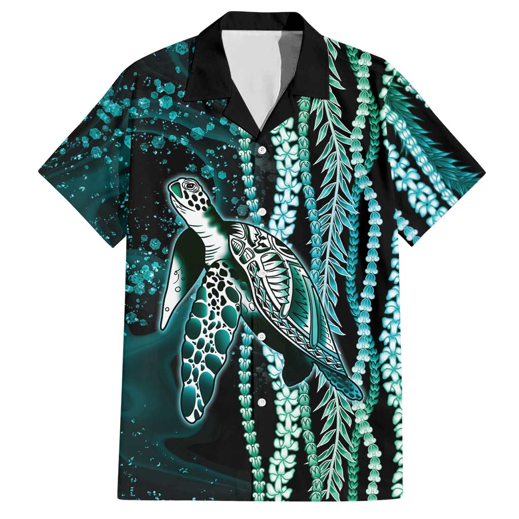 Hawaiian Honu Personalized Hawaiian Shirt Dark Cyan Maile Pikake Flower Lei Inspired