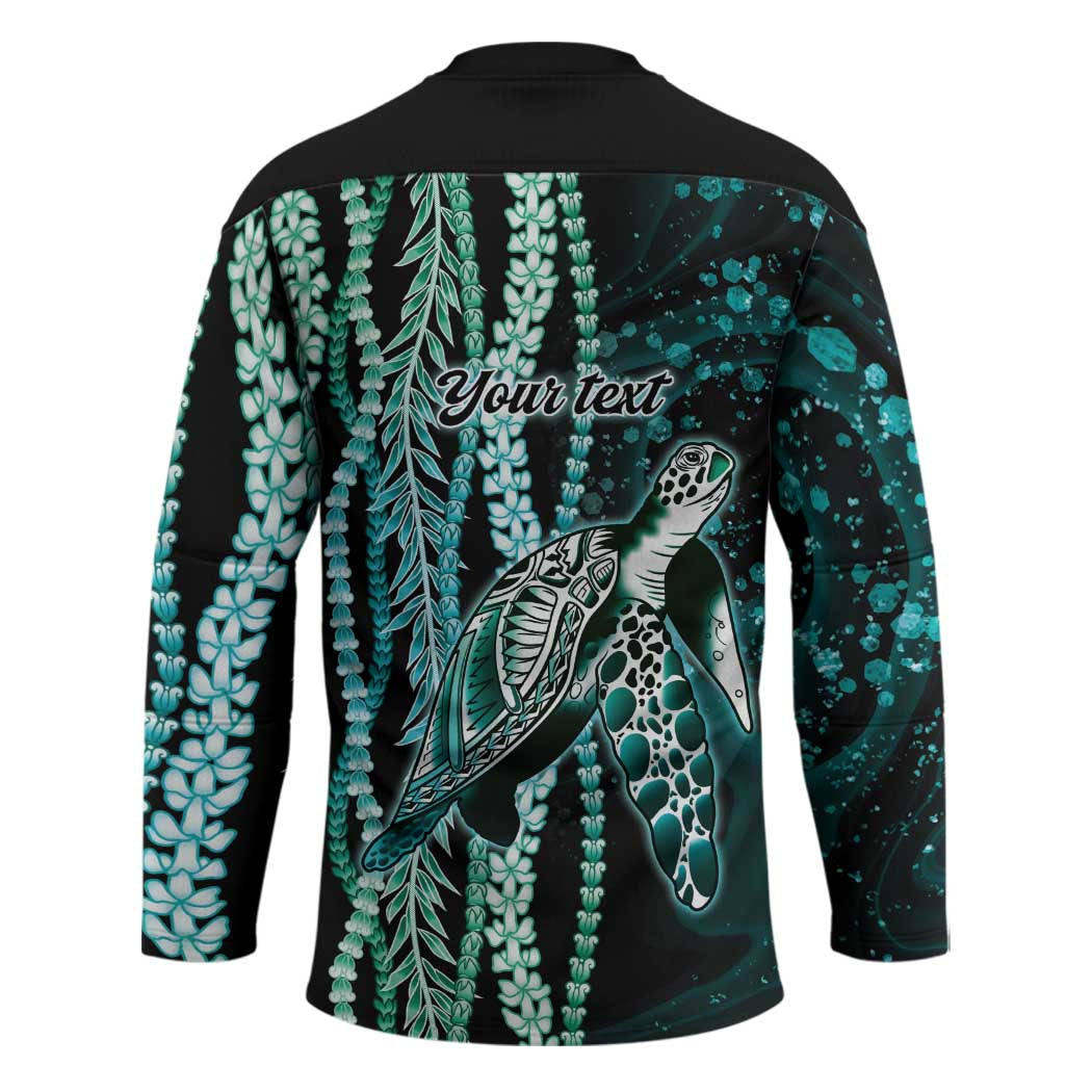 Hawaiian Honu Personalized Hockey Jersey Dark Cyan Maile Pikake Flower Lei Inspired